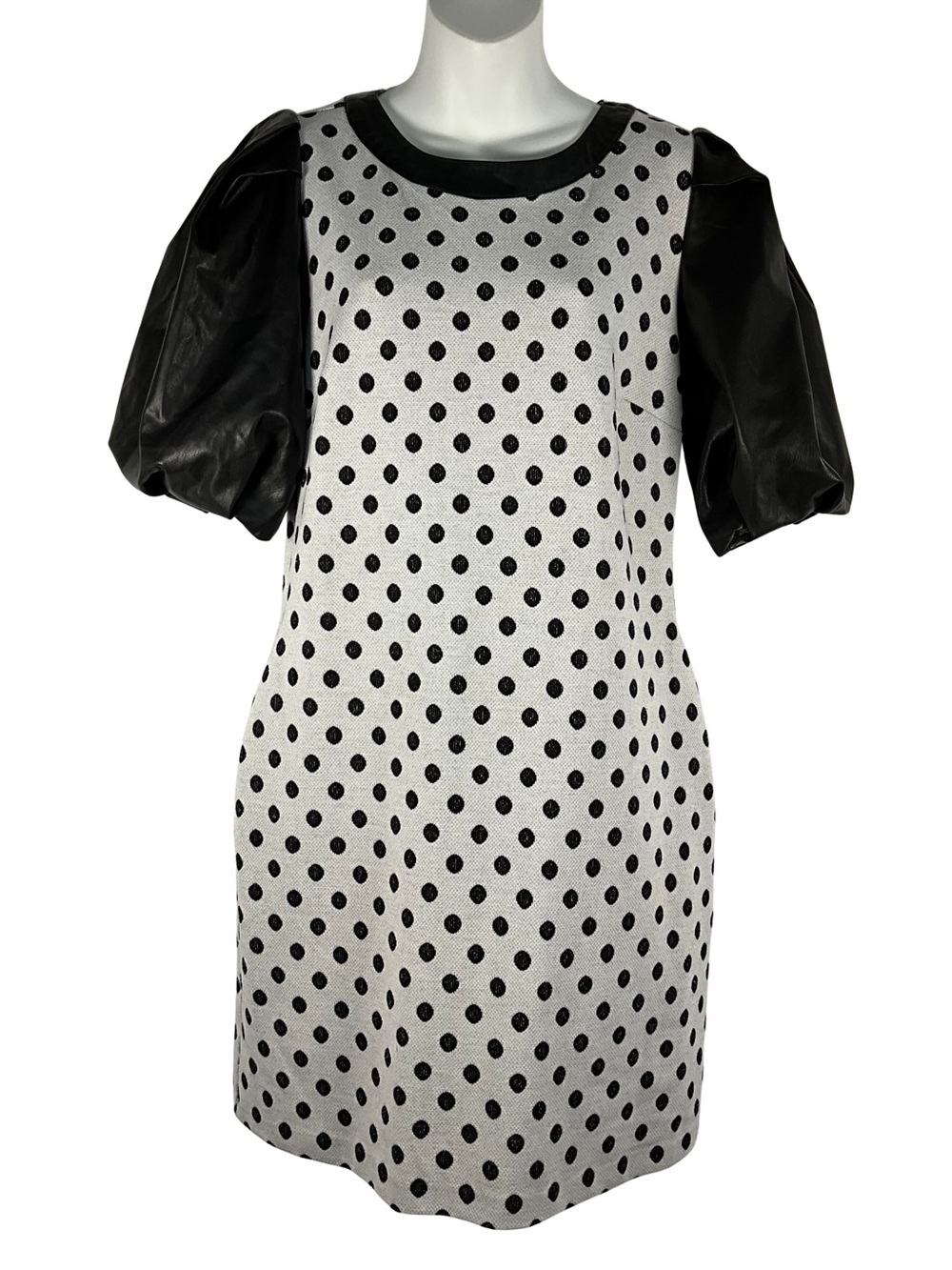 New York & Company Dress Size M White Black Polka Dots and Faux Leather Trim